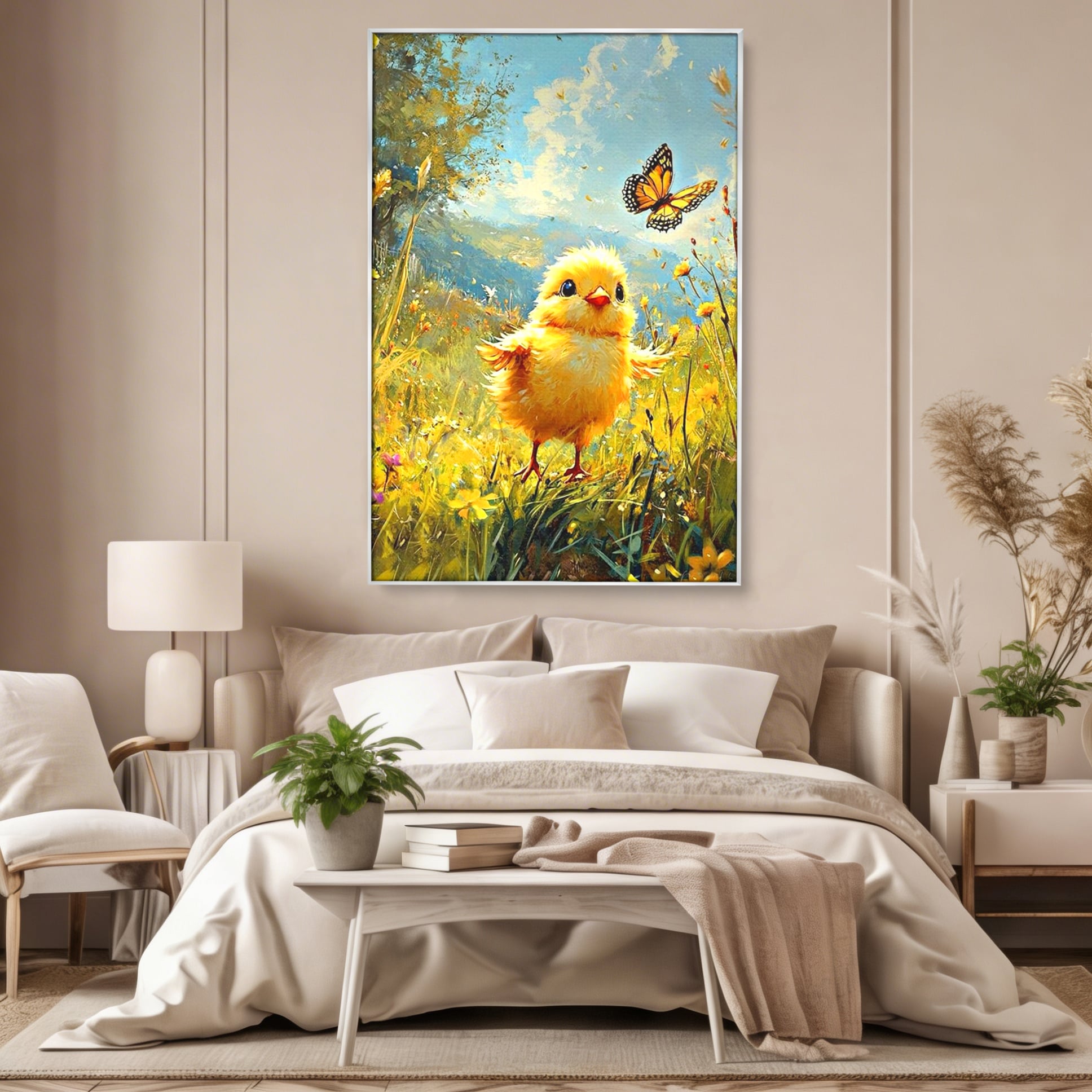 Tablou canvas cu tablou canvas cu pui de pasare si fluture, in rama de aluminiu argintiu, pe perete intr-un dormitor